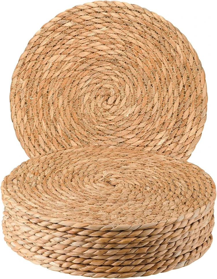 Round Woven Placemats for Dining Table | Natural Straw & Water Hyacinth-Style Boho Place Mats | Farmhouse Table Decor, 30–38cm