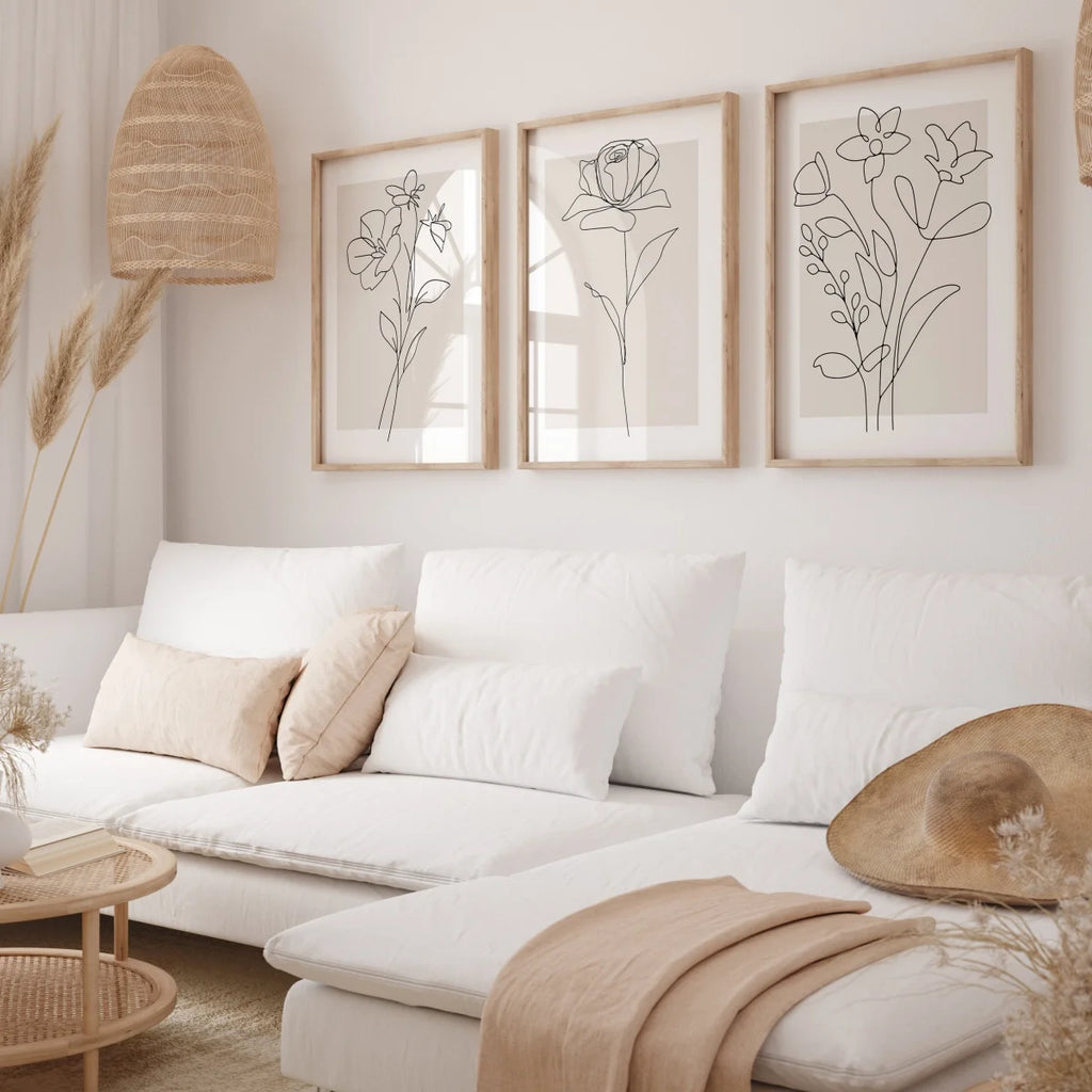 Botanical Line Art Canvas Prints for Living Room & Bedroom | Neutral Beige Minimalist Wall Art | Unframed Single or Set of 3, 20x30 to 50x70cm