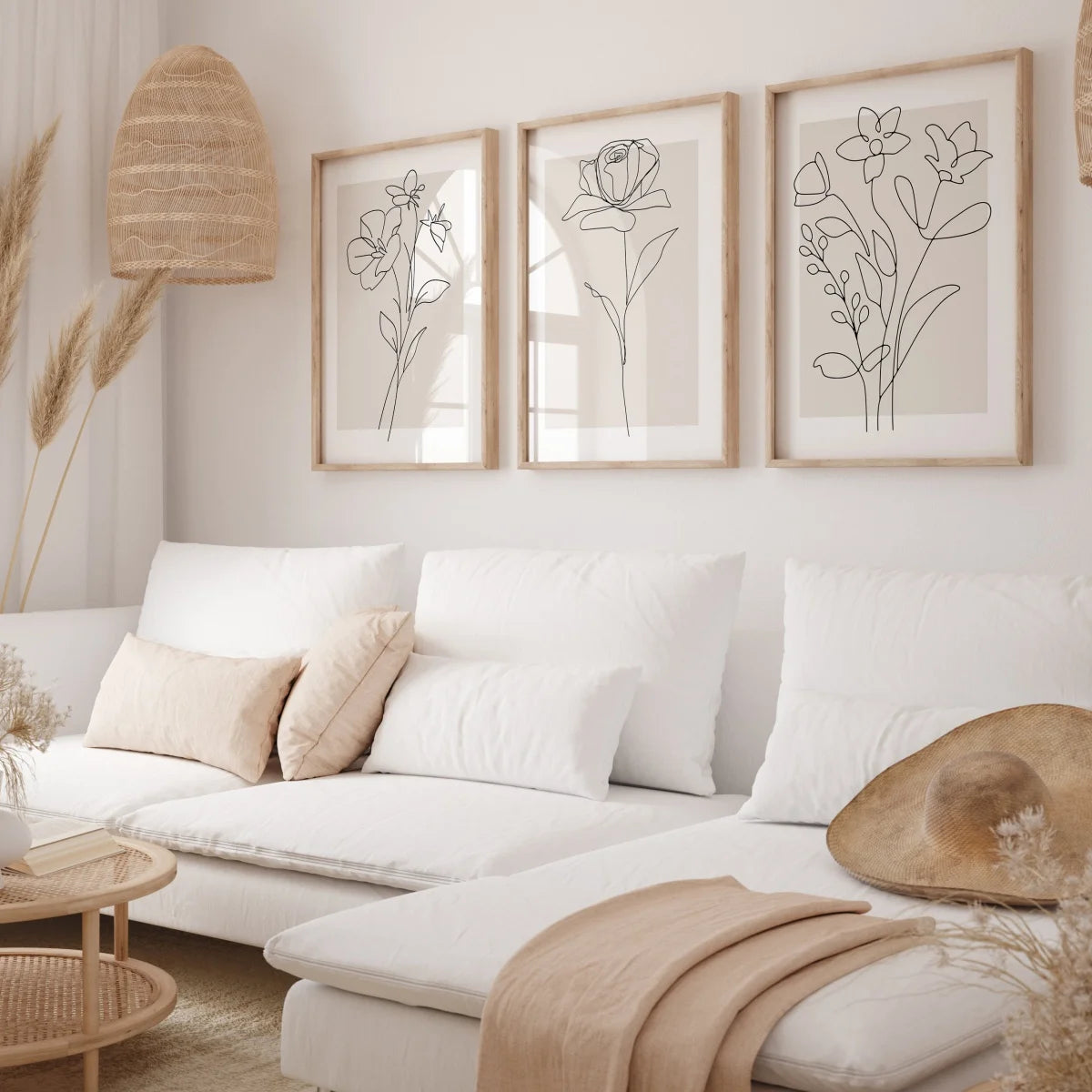 Botanical Line Art Canvas Prints for Living Room & Bedroom | Neutral Beige Minimalist Wall Art | Unframed Single or Set of 3, 20x30 to 50x70cm