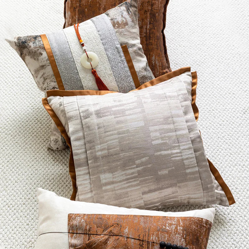 Wabi-Sabi Patchwork Throw Pillow Cover for Living Room & Bedroom | Earth Tone Textured Cushion | Minimalist Bedroom Decor