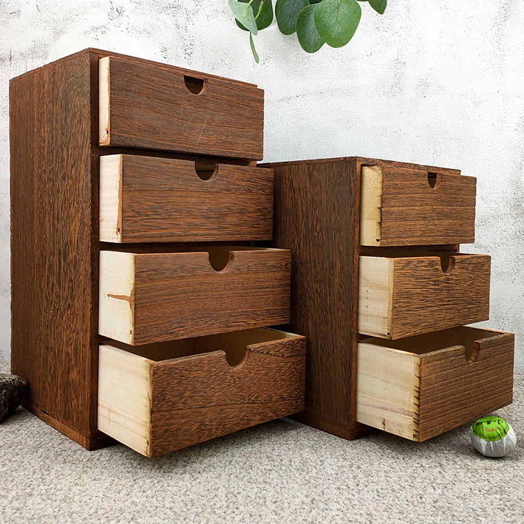 Bamboo Desktop Drawer Organiser for Desk, Vanity & Bedroom | Small Wooden Storage Cabinet | Retro Decorative Drawers, 2, 3 or 4 Tier