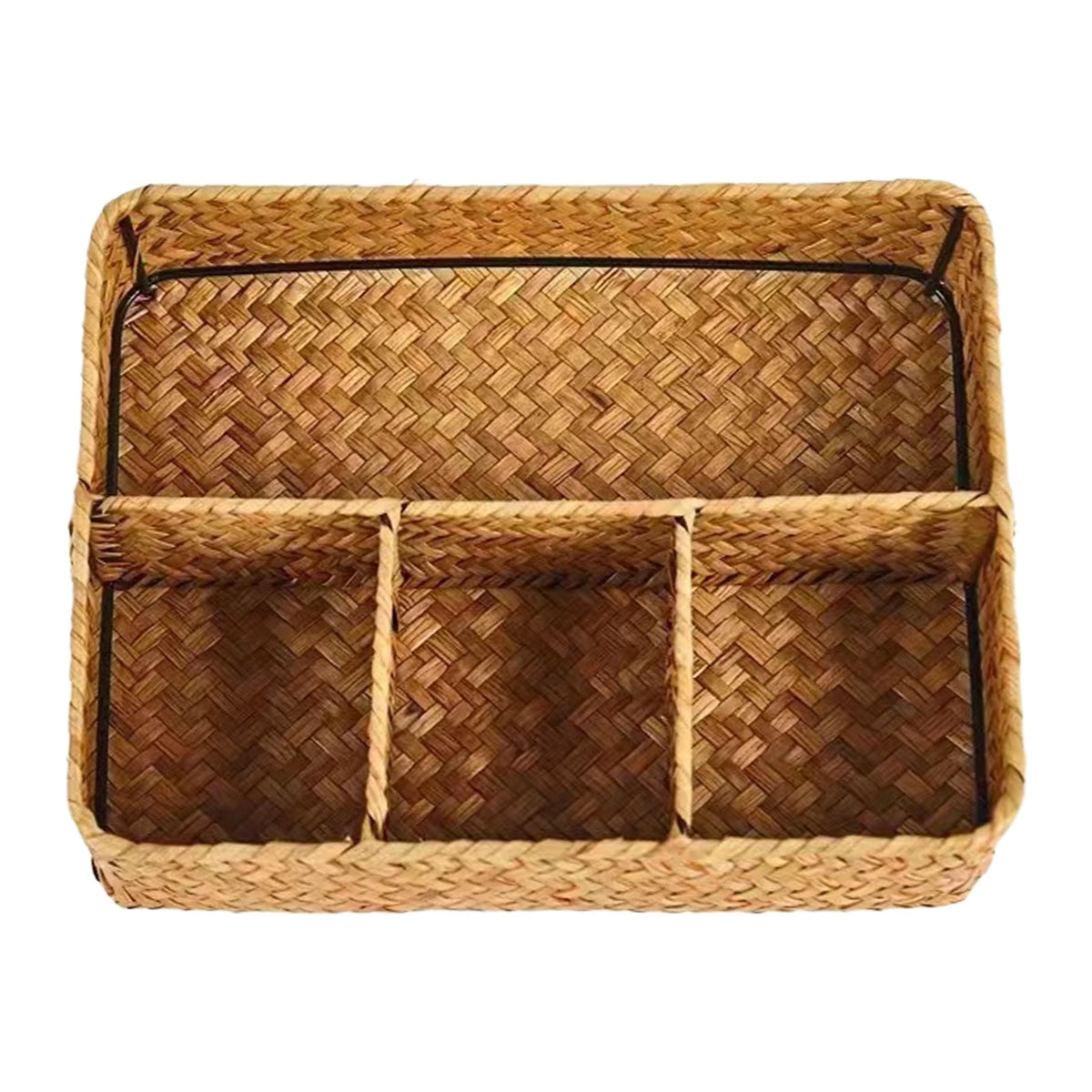 Seagrass Storage Basket with 4 Compartments for Desk, Vanity & Bathroom Counter | Handwoven Wicker Organiser | Eco-Friendly Storage