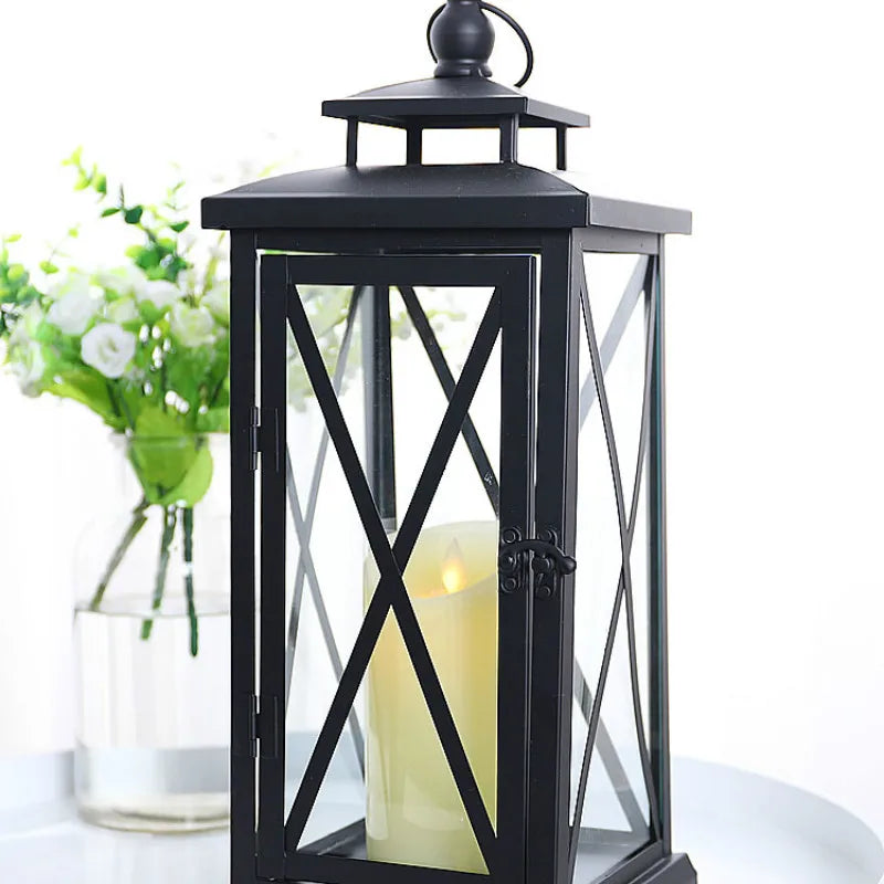 Glass Lantern Candle Holder for Patio, Dining Table & Entryway | Black Metal Hurricane Lantern | Windproof Modern Candle Holder, 30 to 50cm