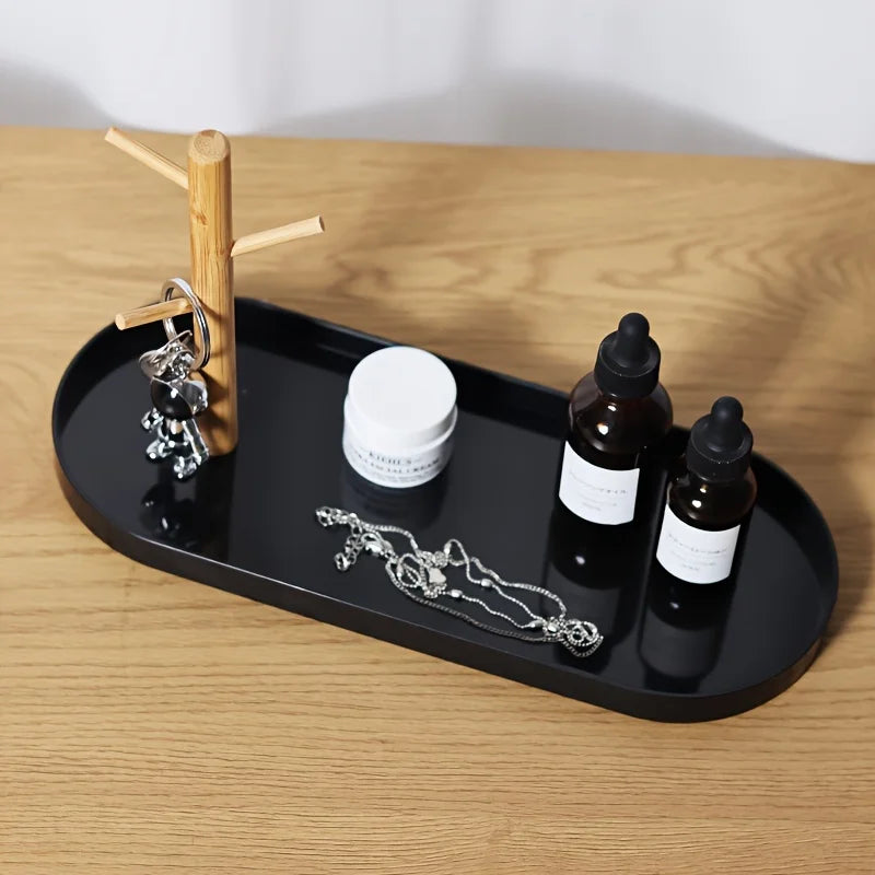 Entryway Key Tray with 3-Tier Wooden Hanging Rack | Key Bowl, Ring Holder & Jewellery Dish Organiser | Minimalist White or Black