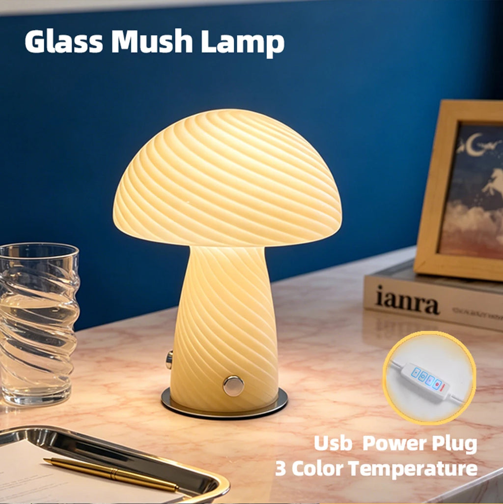 Murano-Style Glass Mushroom Lamp for Bedside & Living Room | Mid-Century Retro Table Lamp | Dimmable Plug-in LED, Swirl or Solid Designs