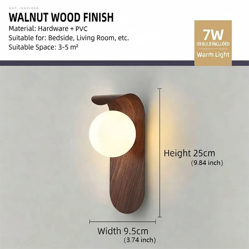 Modern Wall Sconce for Bedroom Bedside, Hallway & Staircase | Walnut Wood-Grain Wall Light | Warm Indoor Lighting in 4 Finishes