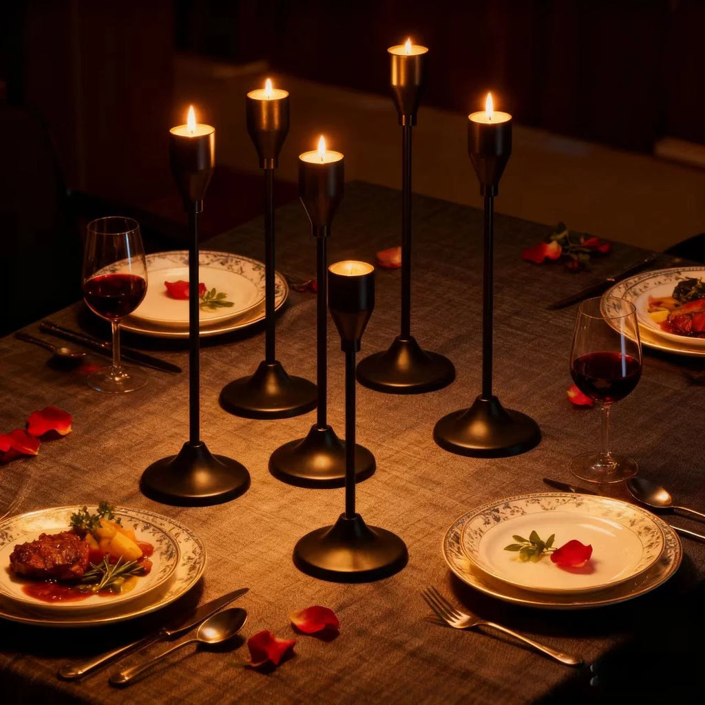 Black Metal Candle Holder Set for Dining Table & Mantel | Nordic Minimalist Taper Candlesticks with Round Base | Wedding & Party Centrepiece, 3–30 Pcs
