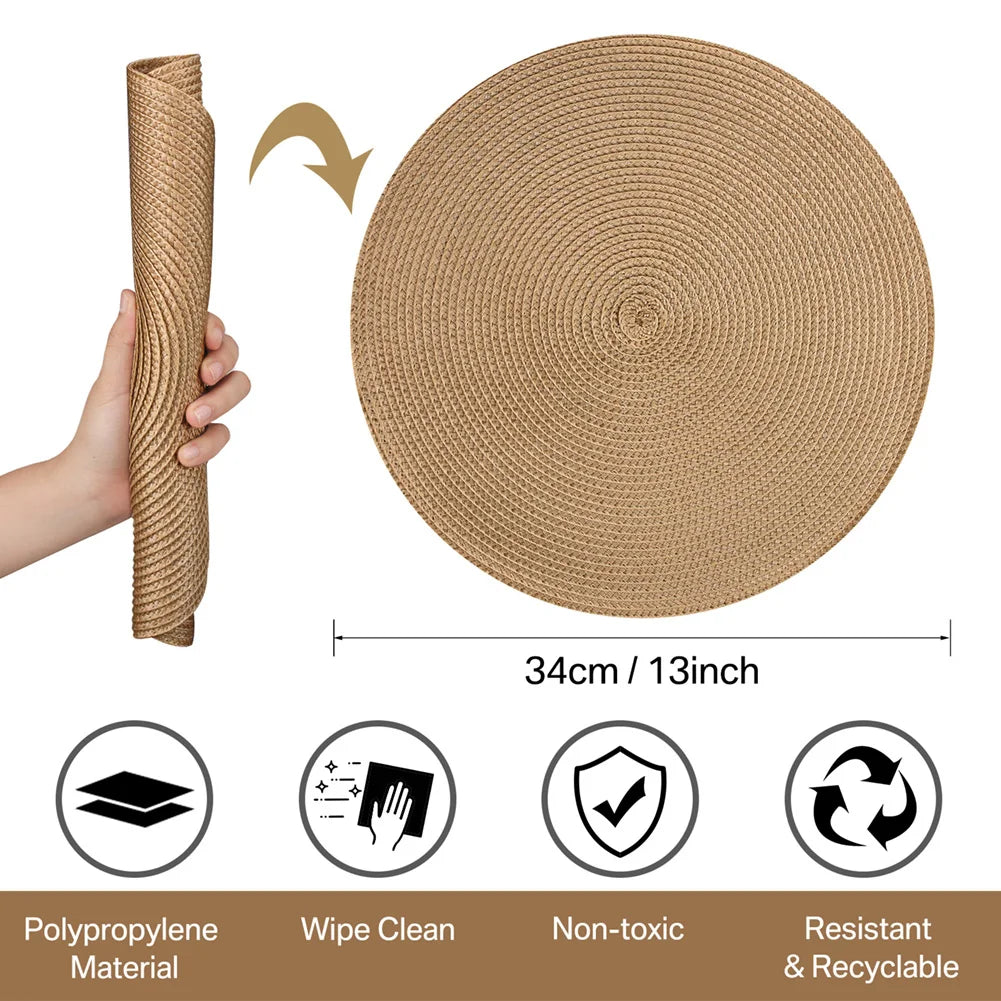 Round Braided Placemats Set of 6 with Coasters for Dining Table | Washable Non-Slip Woven Table Mats | Holiday & Everyday Table Decor, 34cm