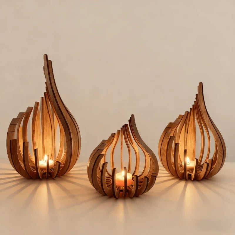 Handmade Wooden Candle Holder for Dining Table & Mantel | Sculptural Flame-Shaped Candlestick | Romantic Table Decor, S, M, L or Set of 3