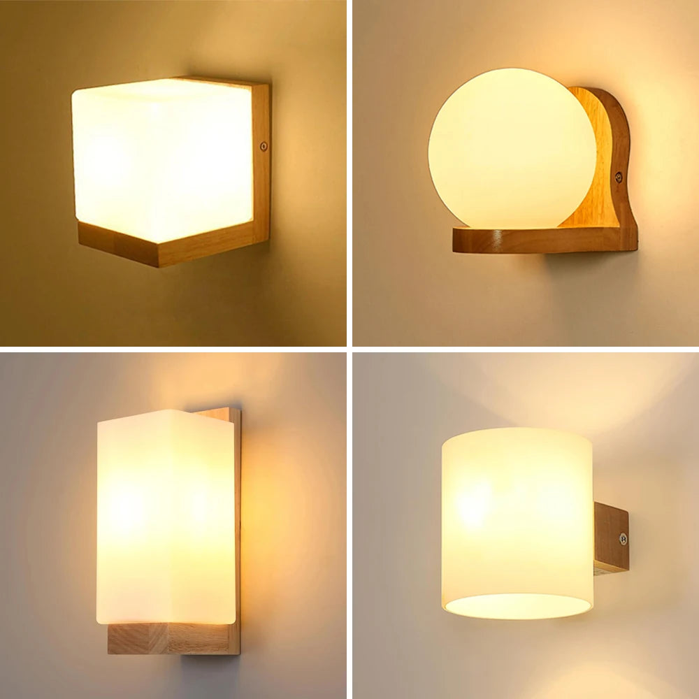 Wooden Wall Sconce for Bedroom, Kitchen & Living Room | Nordic Wood & Glass Shade Wall Light | E27 Wall Lamp Fixture in 5 Styles