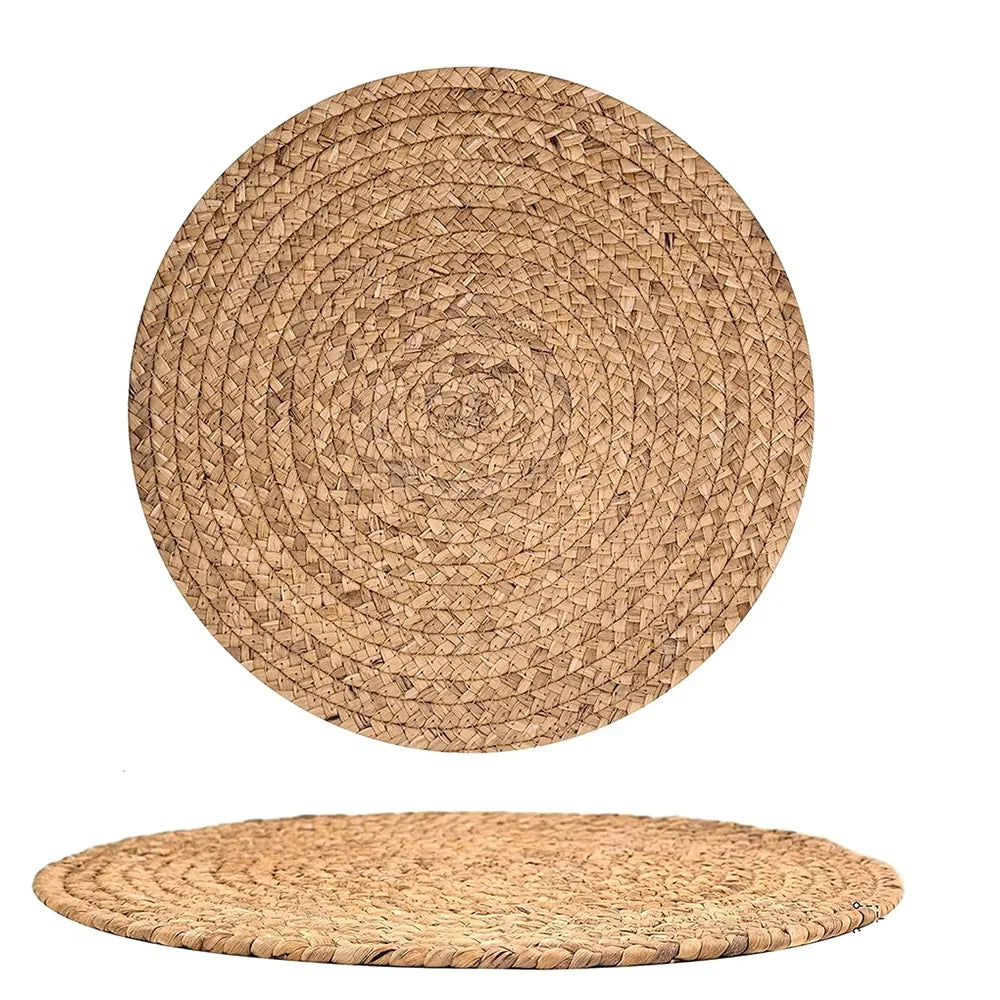 Round Woven Placemats for Dining Table | Natural Straw & Water Hyacinth-Style Boho Place Mats | Farmhouse Table Decor, 30–38cm