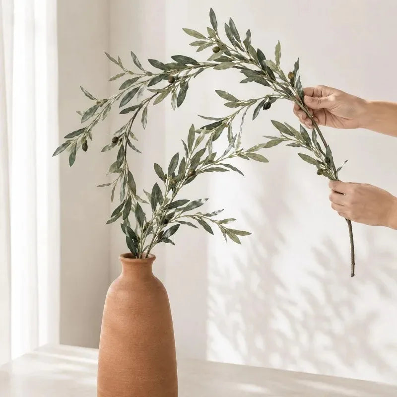 Silk Artificial Olive Branch with Fruit for Tall Vases | 113cm Bendable Faux Greenery Stem | Home & Wedding Decor, Single or 3-Pack
