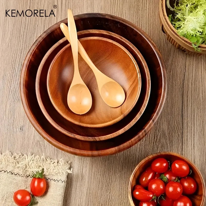 Acacia Wood Salad Bowl for Kitchen & Dining Table | Natural Wooden Serving Bowl for Fruit & Snacks | Heat-Insulating Tableware, 4 Styles