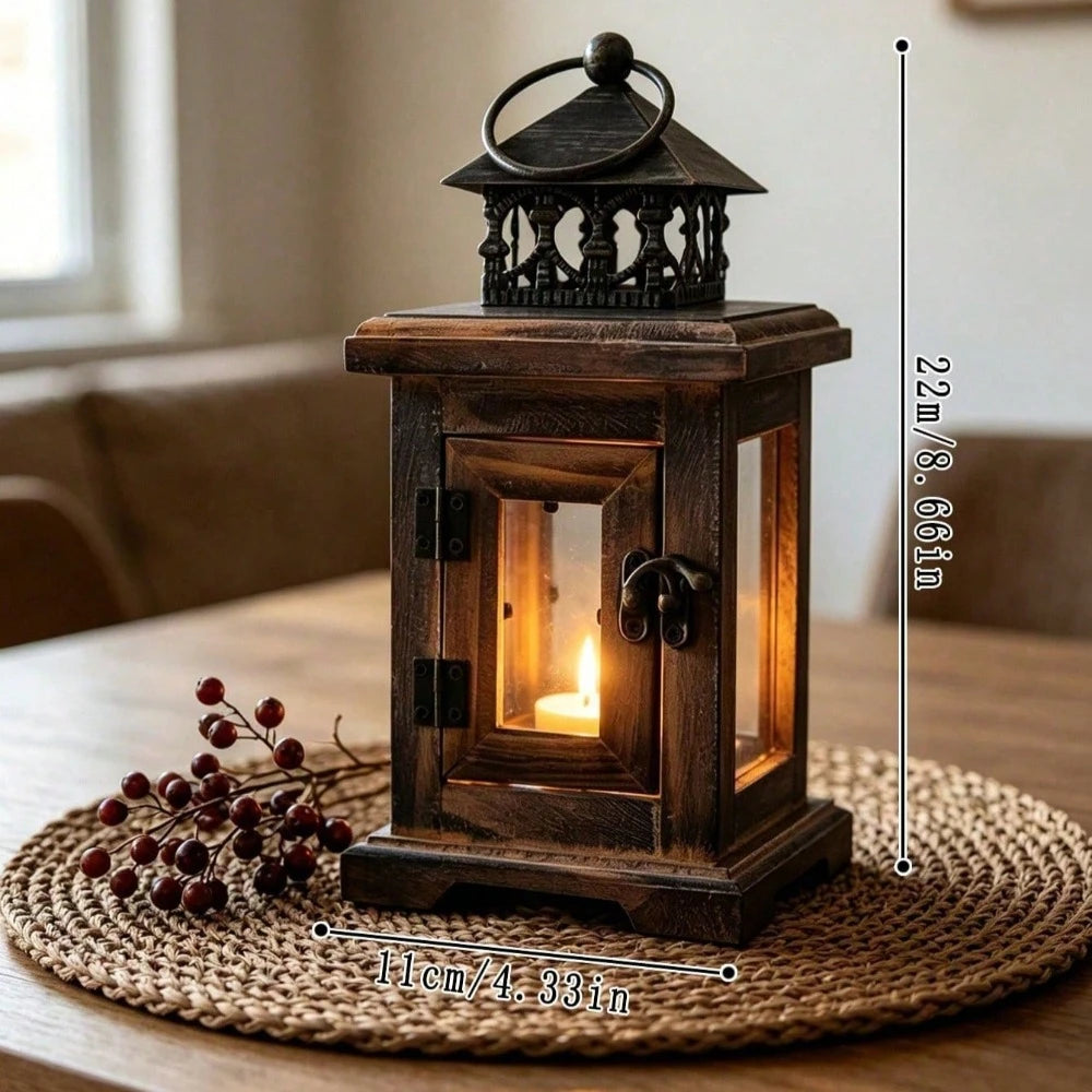 Farmhouse Wooden Candle Lantern for Mantel, Patio & Wedding Decor | Retro Glass Candle Holder | Hanging or Tabletop Lantern