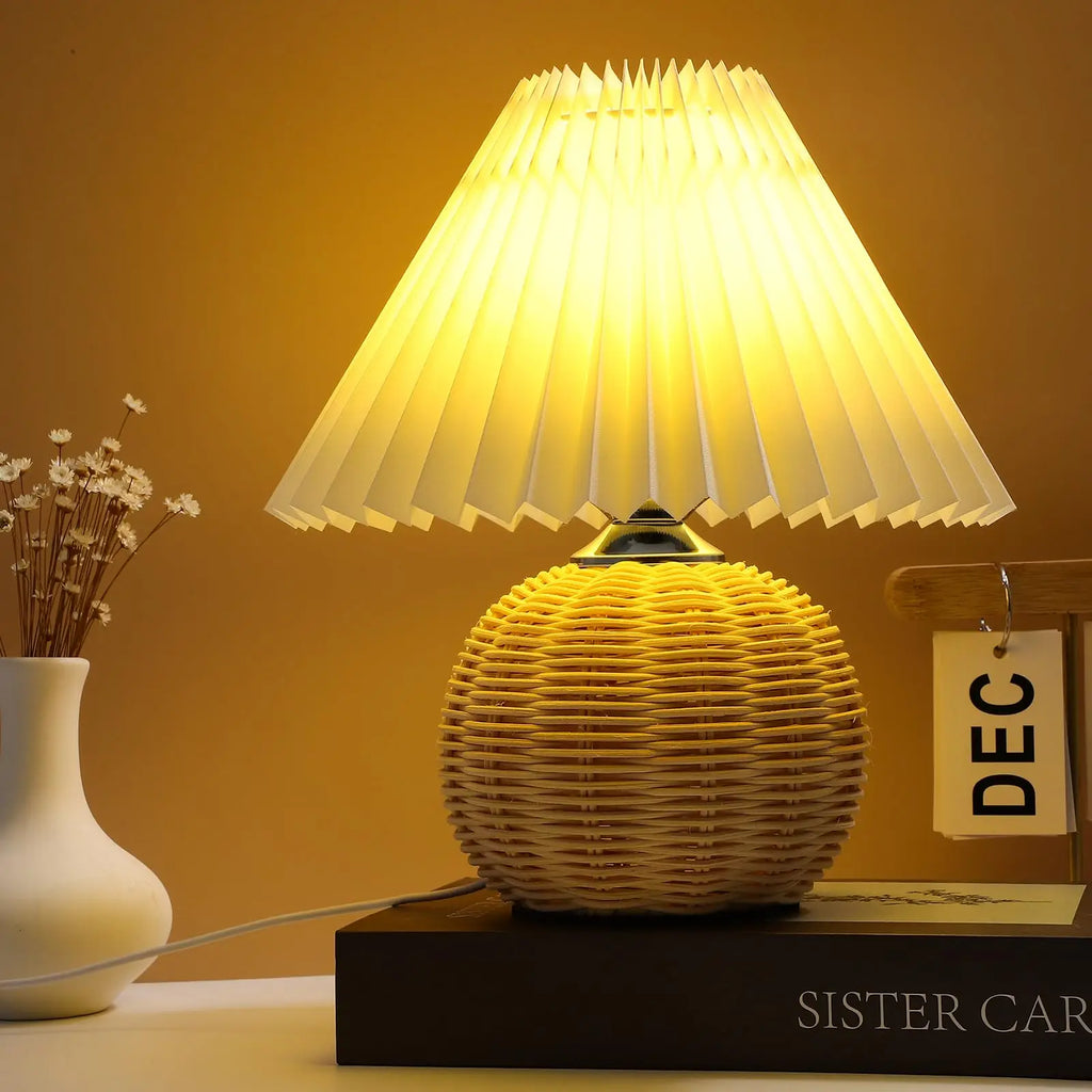 Rattan Table Lamp for Bedroom Nightstand & Reading Corner | Hand-Woven Base with Pleated Umbrella Shade | Vintage Dimmable Bedside Lamp