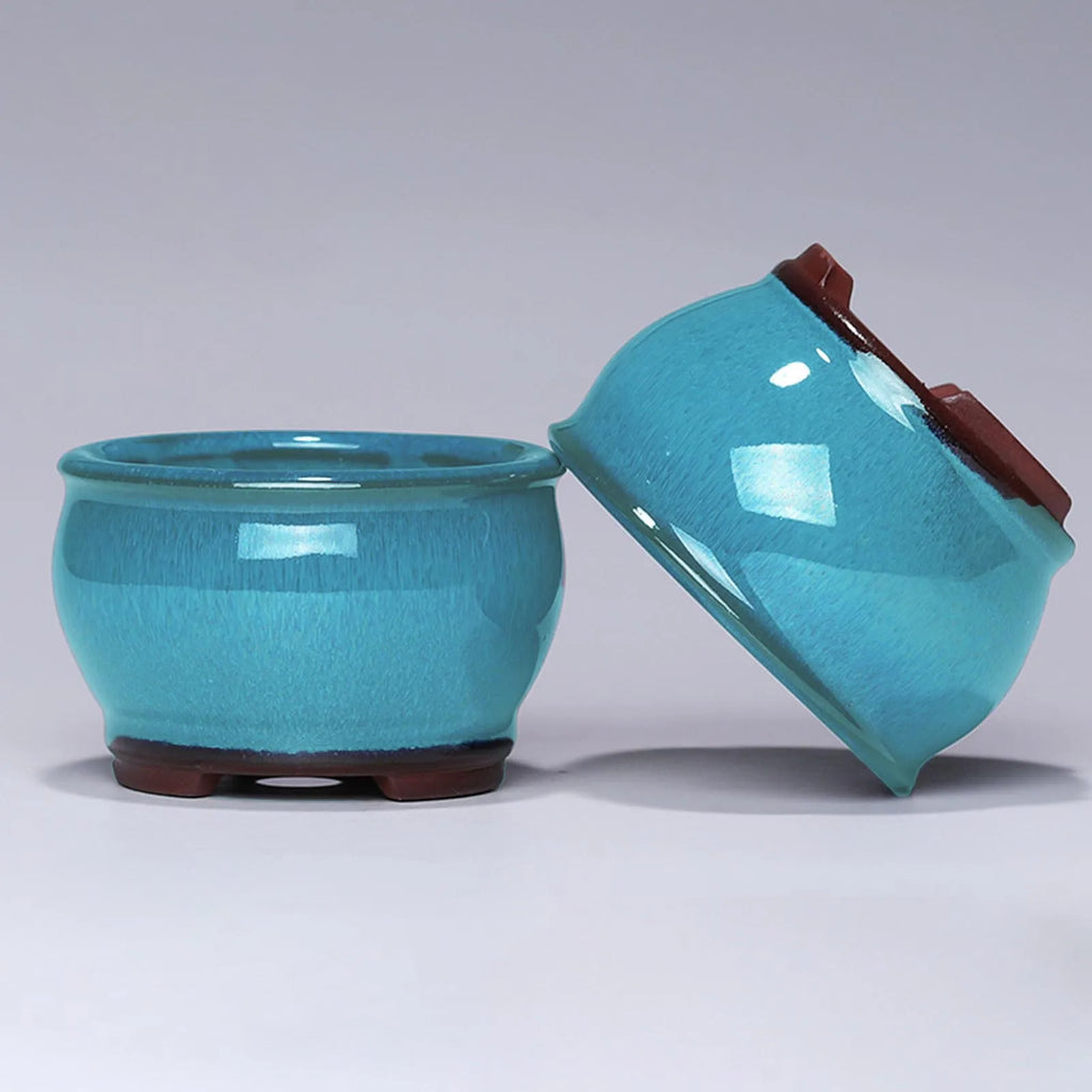 Ceramic Succulent Pot with Drainage Hole for Windowsill, Shelf & Patio | Round Ceramic Plant Pot | Indoor Outdoor Planter in Blue or Sky Blue