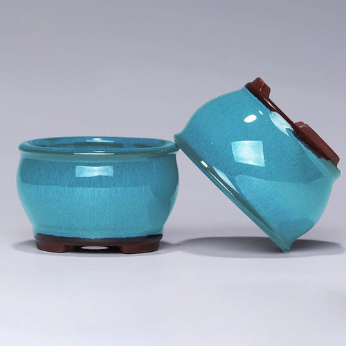 Ceramic Succulent Pot with Drainage Hole for Windowsill, Shelf & Patio | Round Ceramic Plant Pot | Indoor Outdoor Planter in Blue or Sky Blue