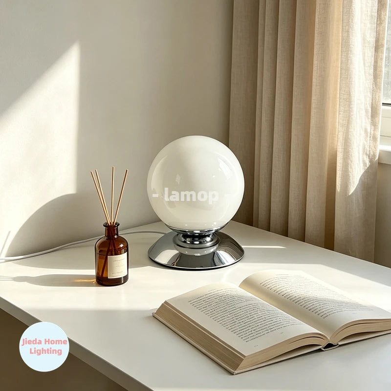 Globe Glass Table Lamp on Plinth for Bedroom & Living Room | Italian-Style Geometric Retro Bedside Lamp | Dimmable, 3 Colour Temperatures