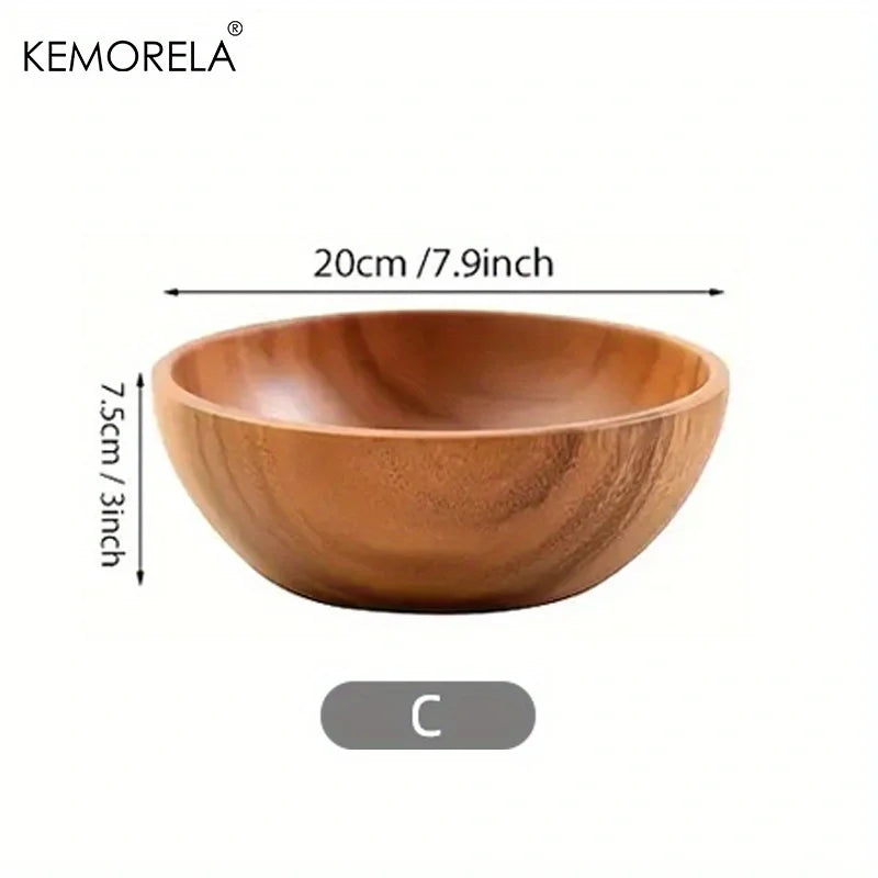 Acacia Wood Salad Bowl for Kitchen & Dining Table | Natural Wooden Serving Bowl for Fruit & Snacks | Heat-Insulating Tableware, 4 Styles