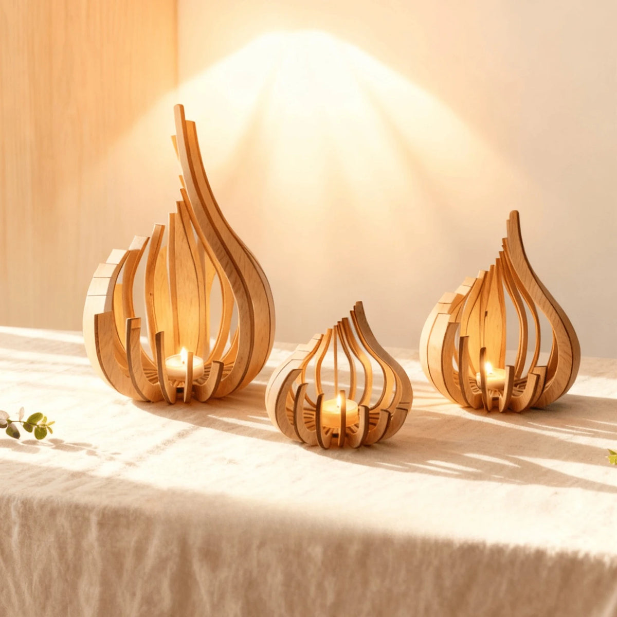 Handmade Wooden Candle Holder for Dining Table & Mantel | Sculptural Flame-Shaped Candlestick | Romantic Table Decor, S, M, L or Set of 3