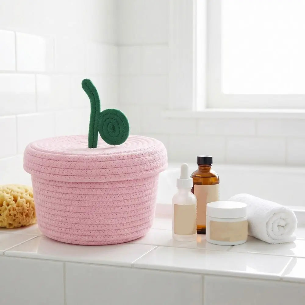 Small Cotton Rope Basket with Lid for Desk, Shelf & Bathroom | Hand-Woven Round Storage Basket | Colourful Lidded Organiser, 20x14cm