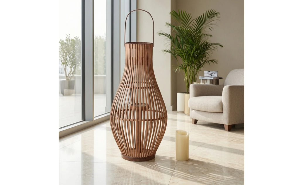 Bamboo Floor Lantern for Patio, Garden & Living Room | Handwoven Boho Lantern with LED Candle | Rustic Decorative Lighting, Small or Large
