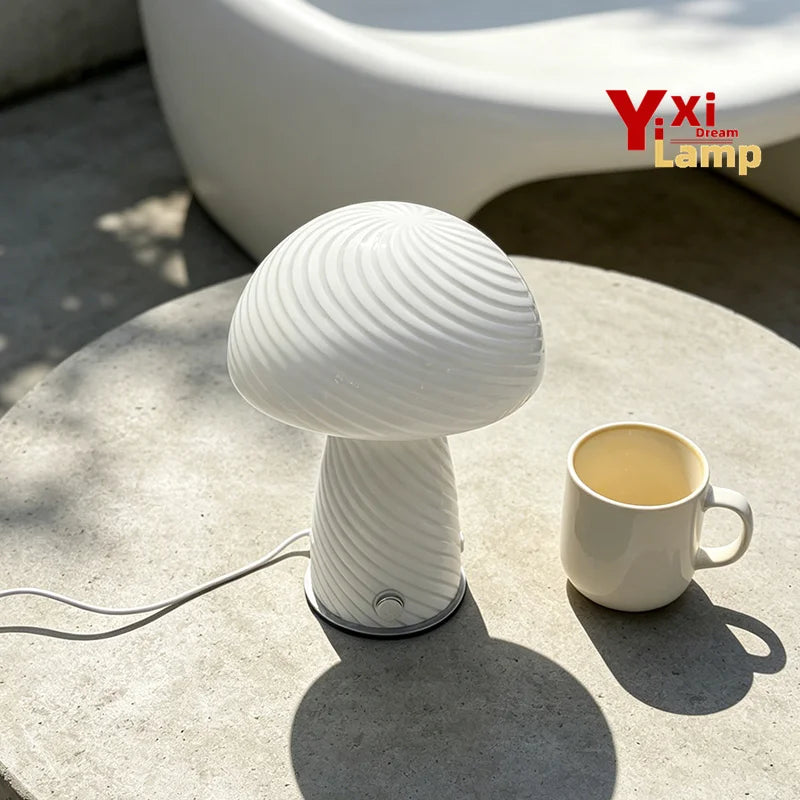 Murano-Style Glass Mushroom Lamp for Bedside & Living Room | Mid-Century Retro Table Lamp | Dimmable Plug-in LED, Swirl or Solid Designs