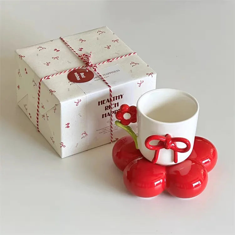 Handmade Ceramic Mug with 3D Bow | Aesthetic Pink Coffee & Tea Cup, 450ml Artistic Stoneware Gift Mug in 10 Designs, Gift Box Available