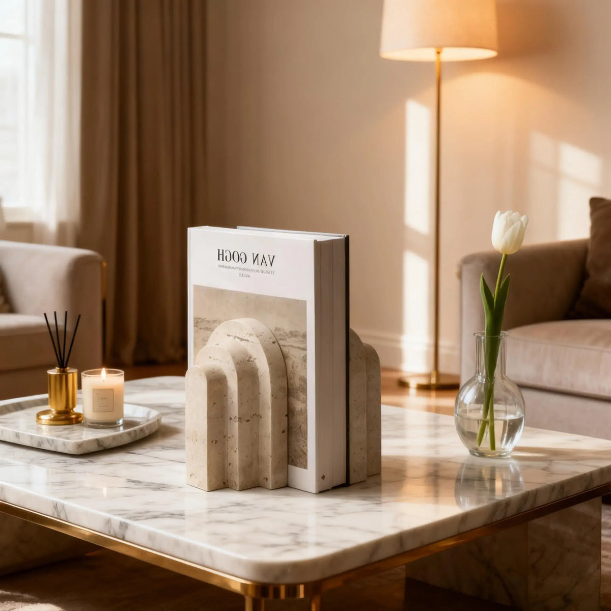 Travertine Marble Bookend for Bookshelf, Desk & Living Room | Natural Stone Book Stopper | Modern Minimalist Office Decor, 1 Piece