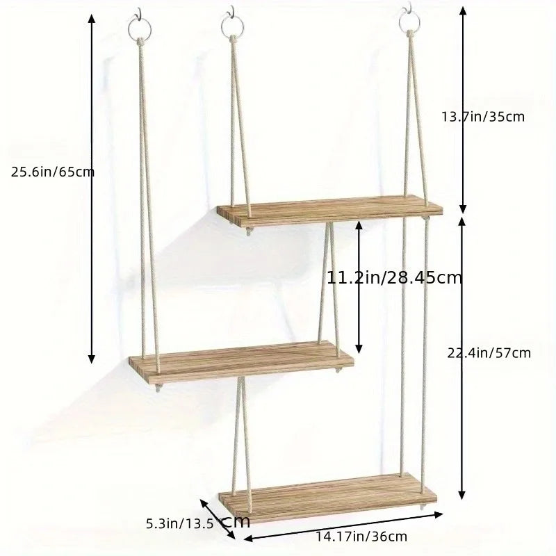 Rope Hanging Wooden Wall Shelf for Bathroom & Bedroom | Small Floating Plant Shelf & Display Rack | Minimalist Boho Storage Organiser