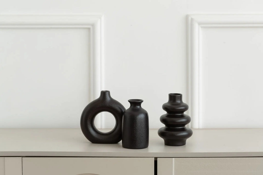 Ceramic Vase Set of 3 for Living Room, Bedroom & Shelf Decor | Boho Minimalist Vase Ornaments | Modern Home Decor in White or Black