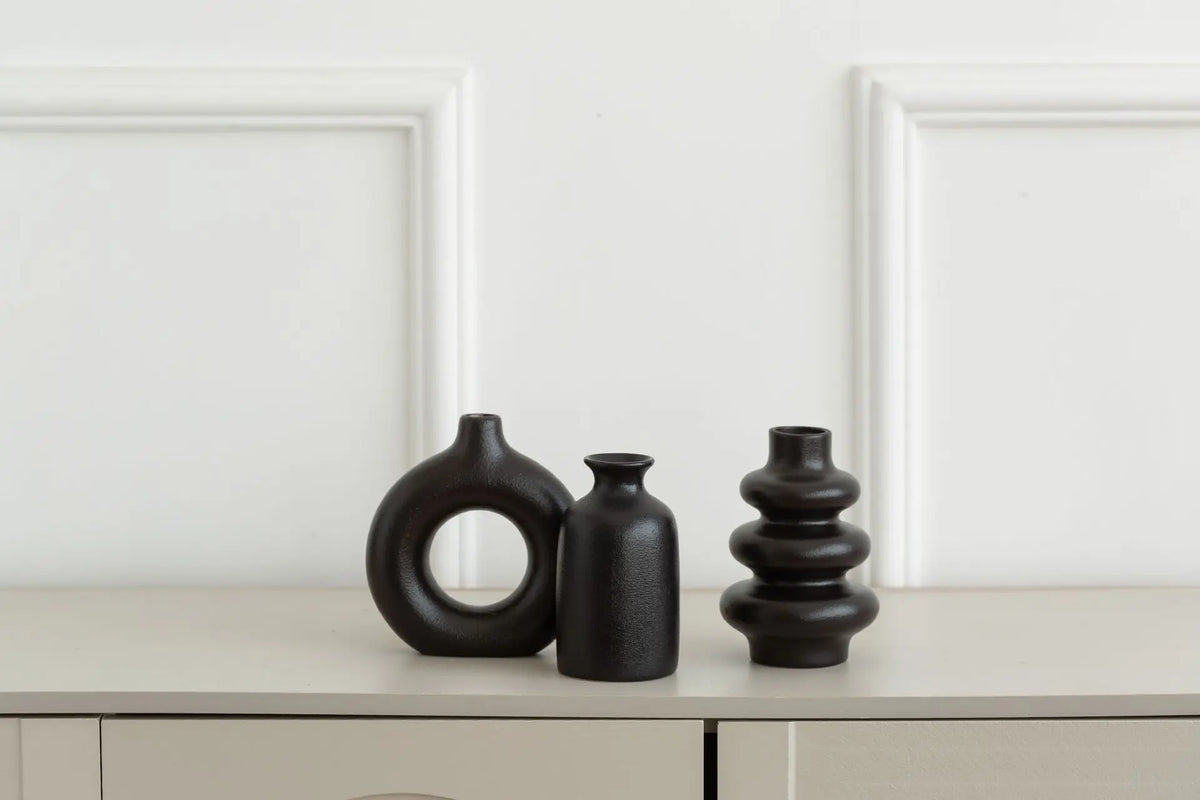 Ceramic Vase Set of 3 for Living Room, Bedroom & Shelf Decor | Boho Minimalist Vase Ornaments | Modern Home Decor in White or Black