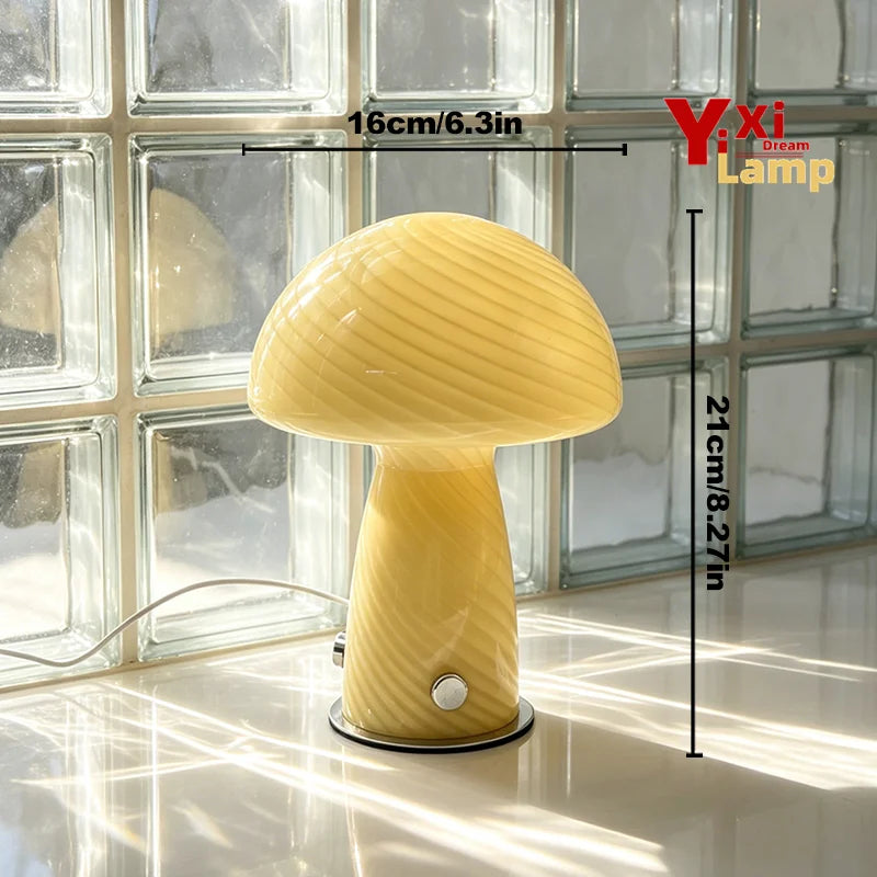 Murano-Style Glass Mushroom Lamp for Bedside & Living Room | Mid-Century Retro Table Lamp | Dimmable Plug-in LED, Swirl or Solid Designs