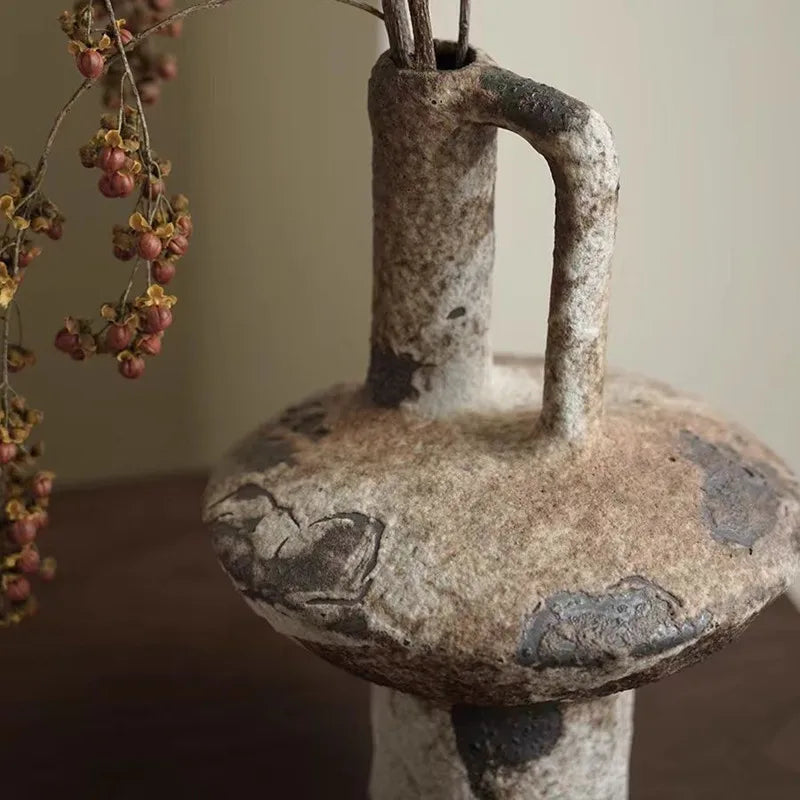 Handmade Coarse Ceramic Vase for Living Room & Tabletop | Wabi-Sabi Zen Flower Vase for Dried Flowers | Retro Pottery Decor, 12 Styles