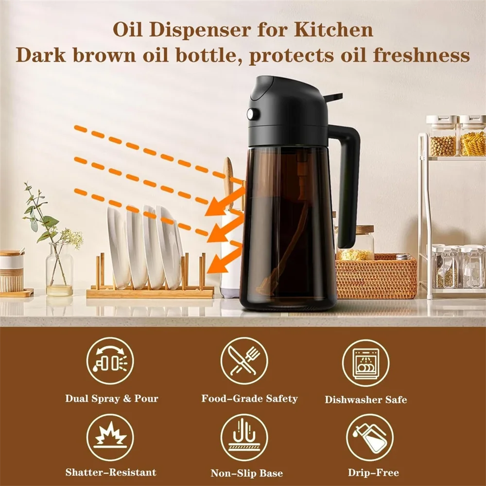 Glass Olive Oil Sprayer & Dispenser for Cooking & Air Fryer | 2 in 1 Pour & Spray Oil Bottle 470ml | Leakproof Kitchen Essential in 3 Colours