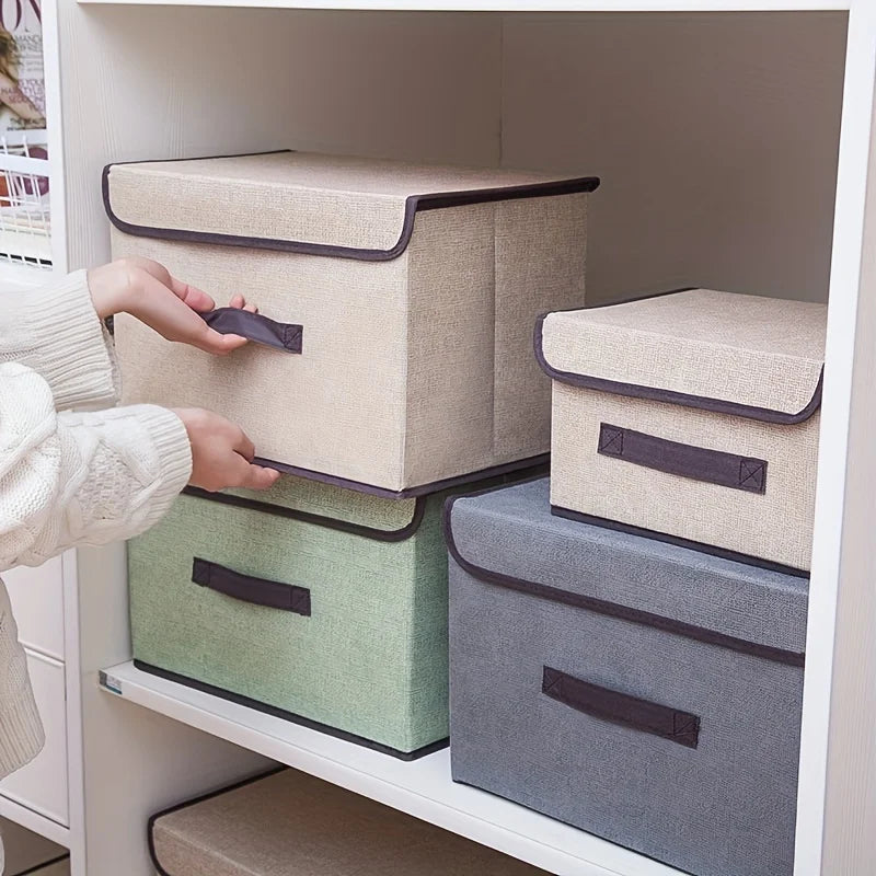 Foldable Linen-Look Storage Box with Lid for Closet & Bedroom | Dustproof Fabric Storage Bin | Clothes & Sundries Organiser, S or L