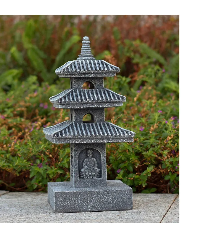 Solar Pagoda Lantern Statue for Garden, Patio & Zen Garden | Japanese Style Resin Garden Ornament | Warm LED Solar Garden Light, 4 Styles
