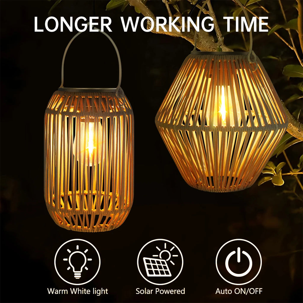 Solar Rattan Lantern for Garden, Patio & Porch | Waterproof Hanging Boho Solar Light | Automatic Outdoor Decorative Lighting, 2 Styles