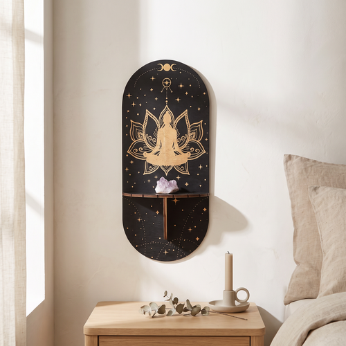 Black and gold lotus wall plaque with a small display ledge holding a crystal, mounted in a calm bedroom