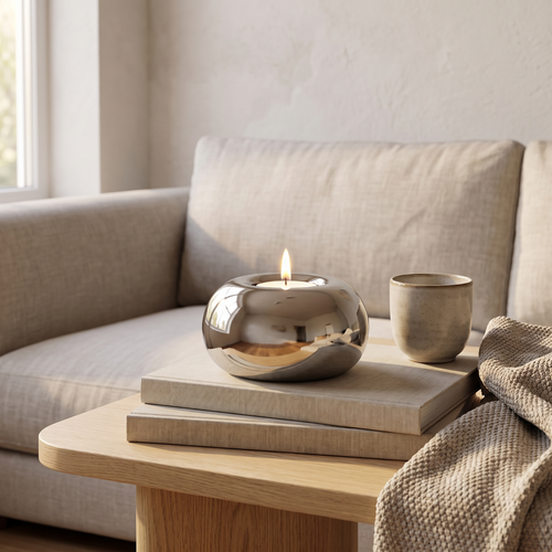 Mirror chrome ceramic tealight holder with a lit candle on a pale oak side table beside a linen sofa