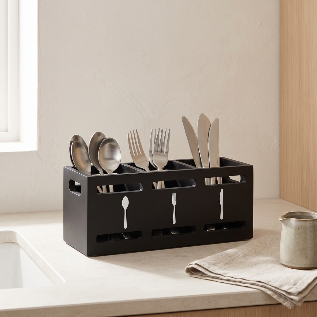 Matte black three-compartment cutlery caddy filled with stainless steel flatware on a kitchen worktop