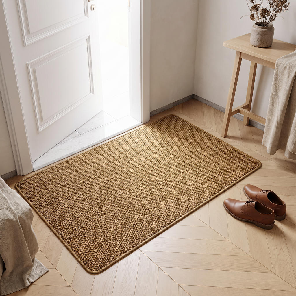 Brown faux jute basketweave doormat inside a bright entryway beside an open front door