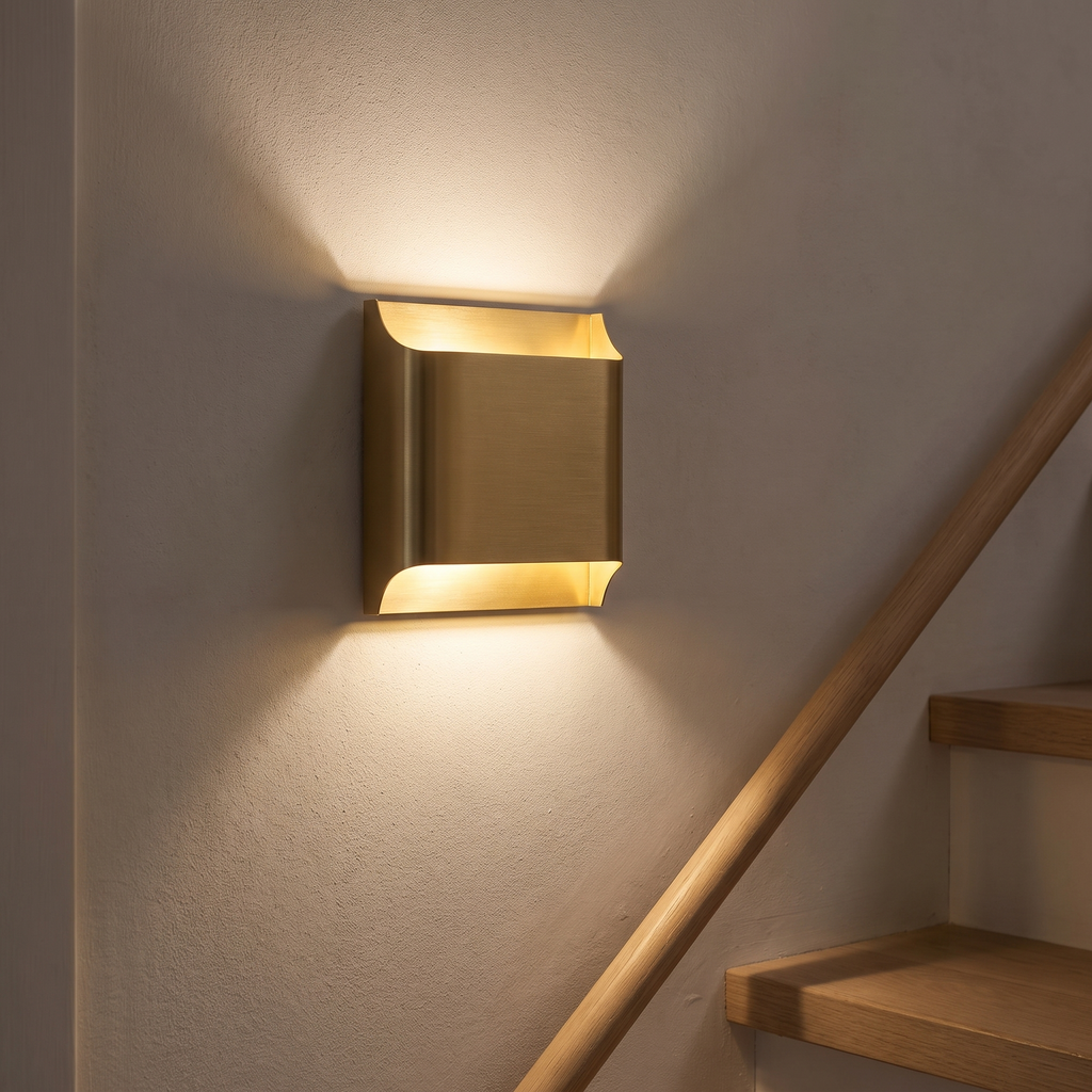 Square brushed brass wall sconce washing warm light up and down a staircase wall