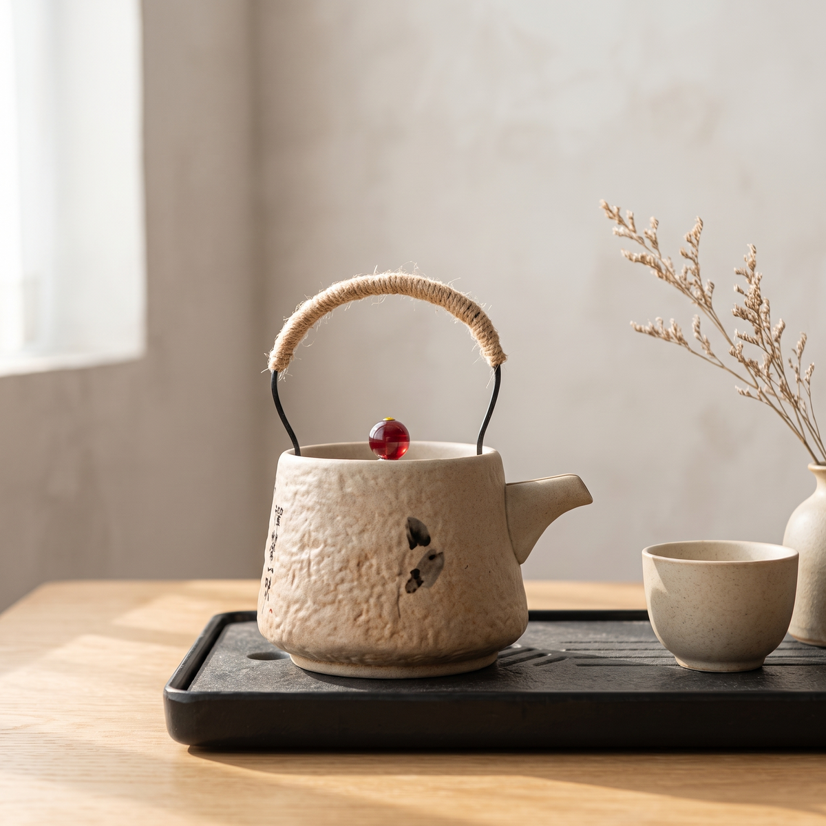 Cream textured ceramic teapot with cord-wrapped bail handle and red bead knob on a slate tea tray