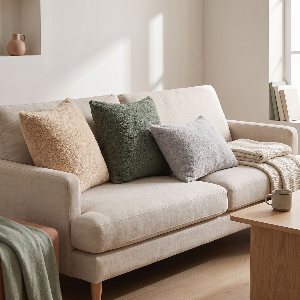 Teddy faux fur cushion covers in beige, green and grey on a linen sofa