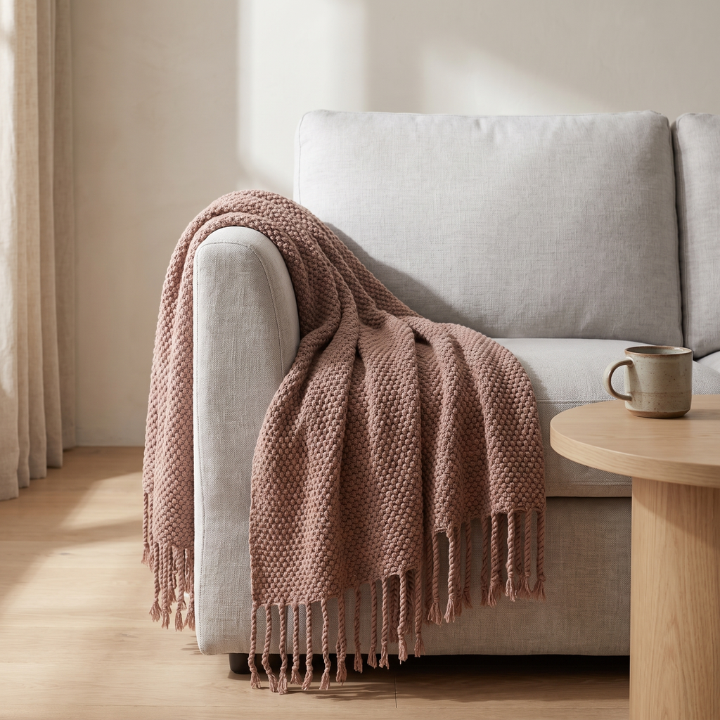 Chunky knit throw with tassels draped over a sofa