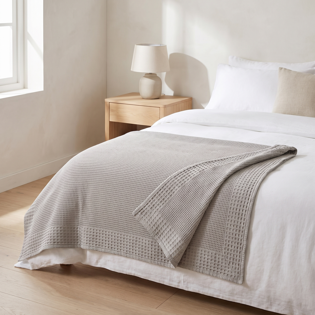 Light grey cotton waffle blanket on a bed