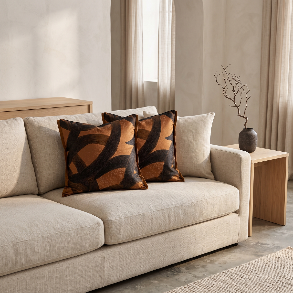 Wabi-sabi brushstroke cushion covers on an oatmeal sofa