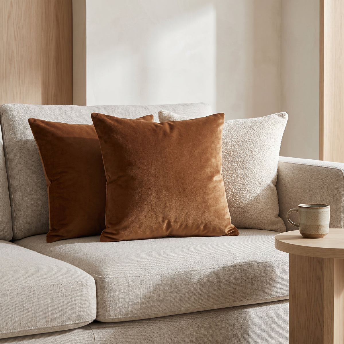 Brown velvet cushion covers on a linen sofa
