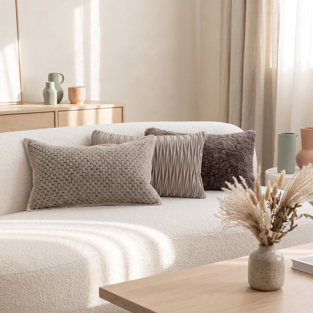 Textured lumbar cushion covers on a cream boucle sofa